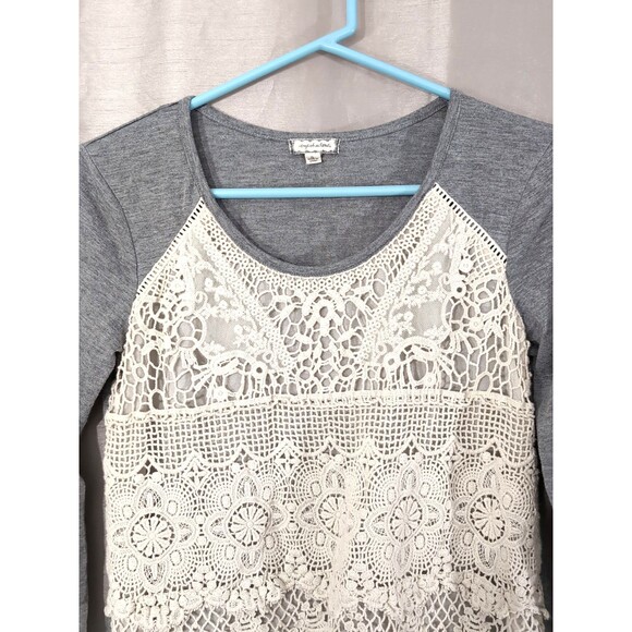 Eyeshadow Brand Women's SMALL Ivory Lace Crochet Top, Gray Long Sleeve Tee Boho - Picture 14 of 14
